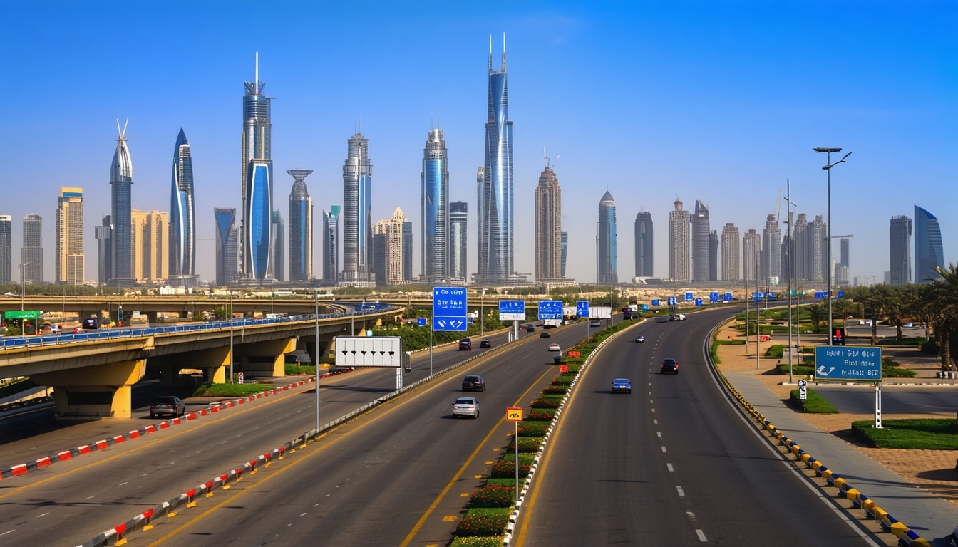 Dubai skyline with major highways and toll gates