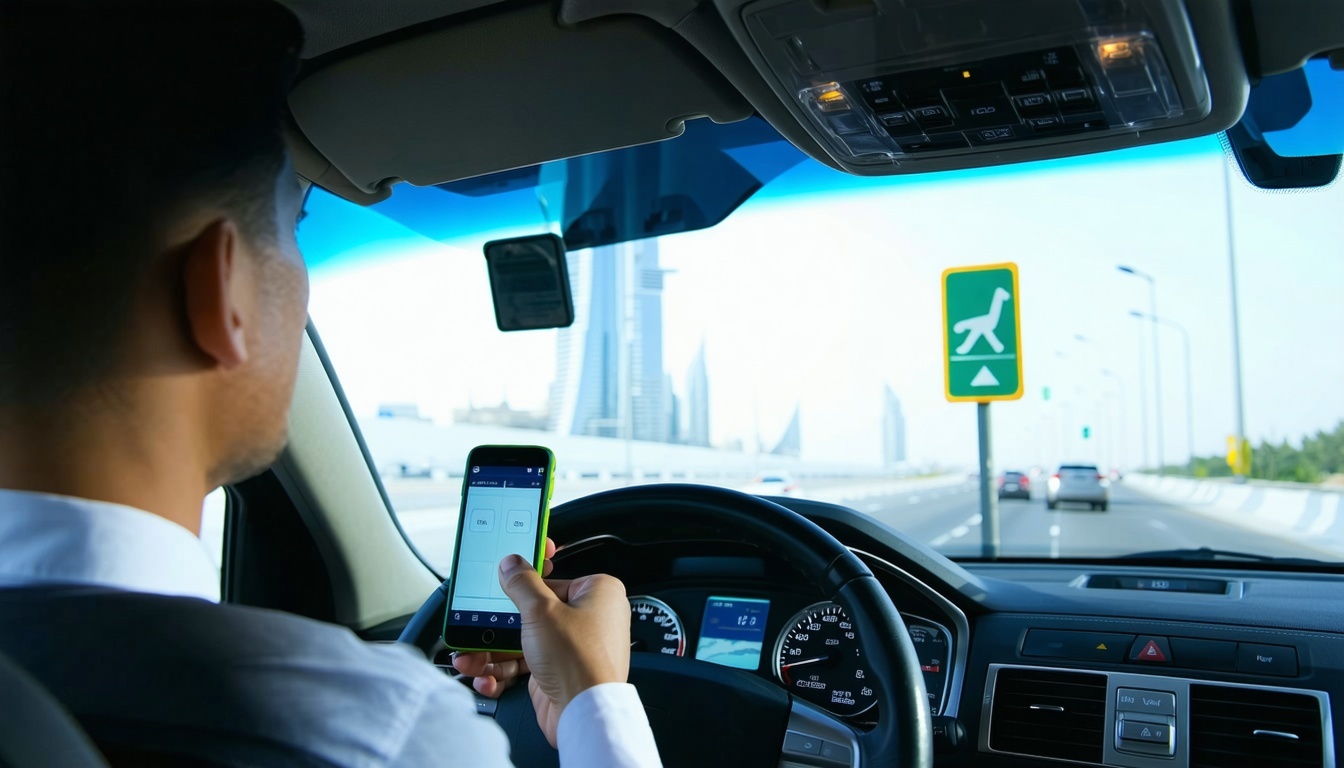 Driver using electronic toll tag for smooth travel in Dubai