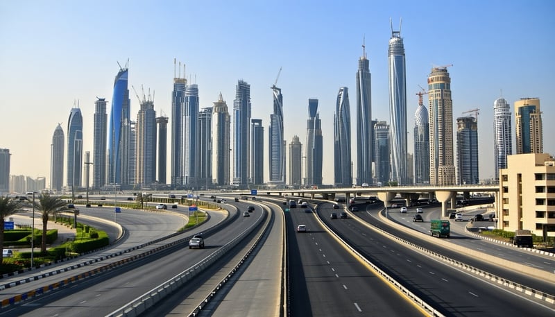 Dubai city skyline with major highways Dubai city skyline with major highways
